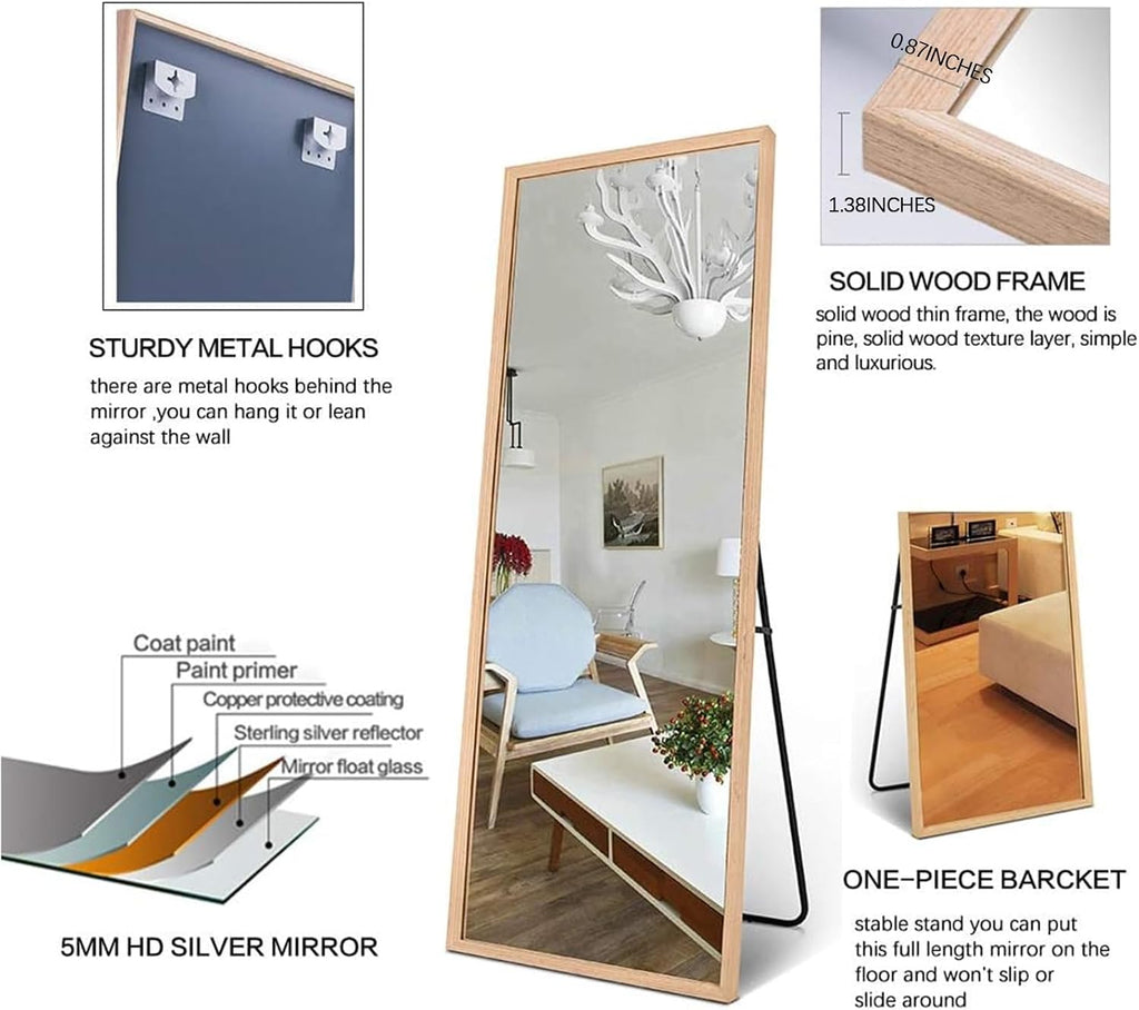 Wood Full Length Mirror with Stand, 65"X22" Full Body Mirror for Wall and Floor, Large for Bedroom, Living Room or Cloakroom, Solid Wood