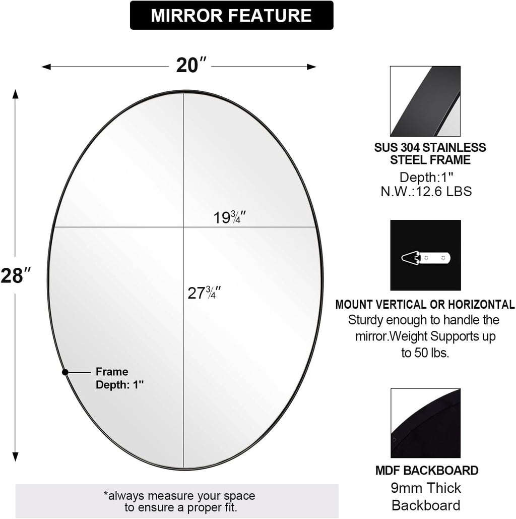 Black Oval Mirrors for Bathroom, 20X28 Inch Matte Black Stainless Steel Metal Framed Oval Wall Mirror, Modern Vanity Mirror Wall Mount Horizontal or Vertical