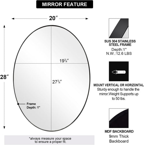Black Oval Mirrors for Bathroom, 20X28 Inch Matte Black Stainless Steel Metal Framed Oval Wall Mirror, Modern Vanity Mirror Wall Mount Horizontal or Vertical