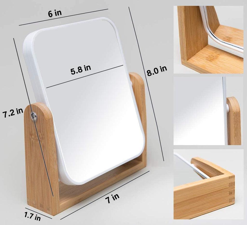 Vanity Makeup Mirror with Natural Bamboo Stand, 8 Inch Double Sided 360 Degree Swivel Magnifying Mirror for Table, Desk, Countertop Shaving Make Up