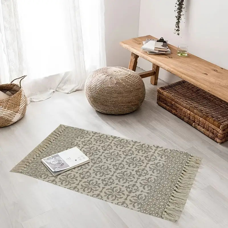 Vintage Floral Floor Mat with Tassels - Indoor Rug