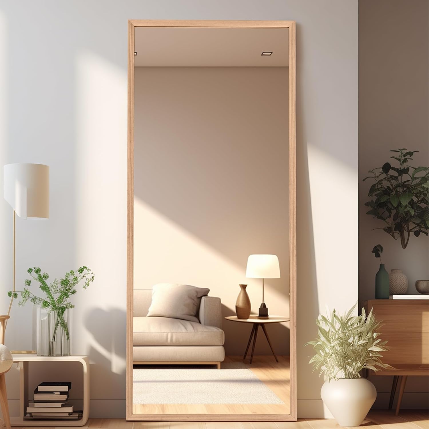 Wood Full Length Mirror with Stand, 65"X22" Full Body Mirror for Wall and Floor, Large for Bedroom, Living Room or Cloakroom, Solid Wood