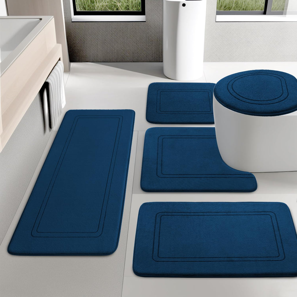 Dark Blue Plush Memory Foam Bath Rug Set 5-Piece