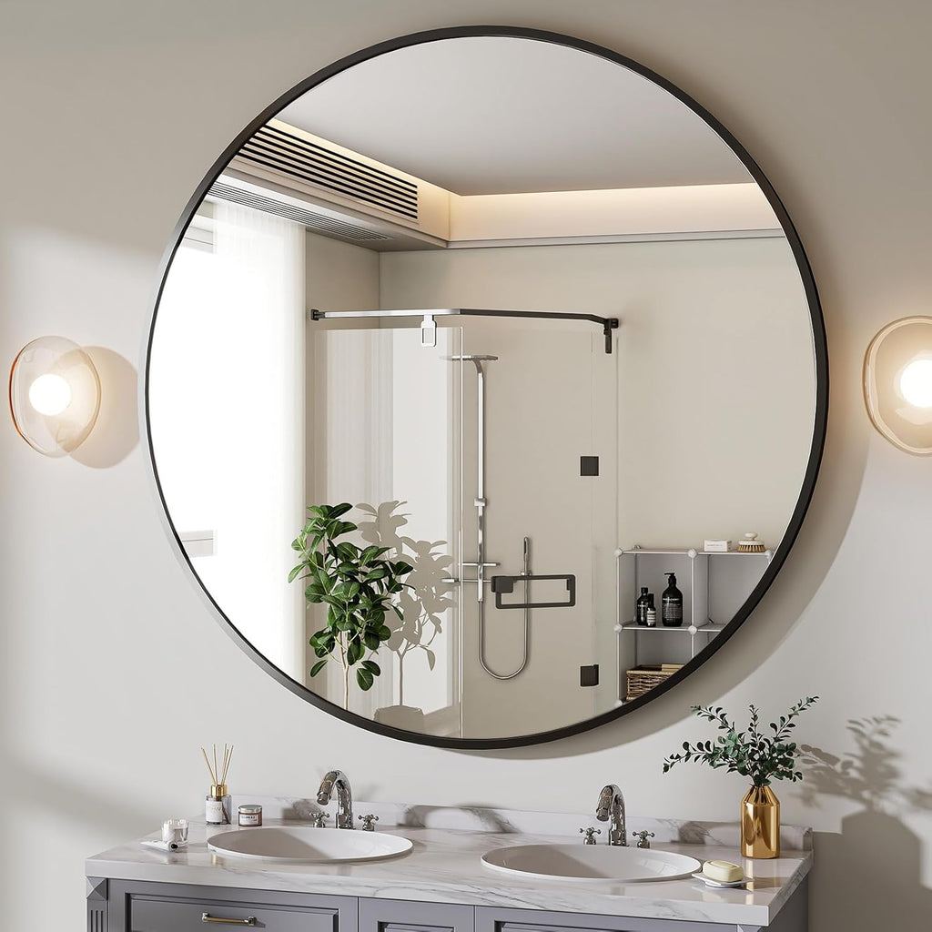 30 Inch round Mirror, Metal Frame Circle Mirror, Wall Mounted for Entryway, Bathroom, Vanity, Living Room, Black