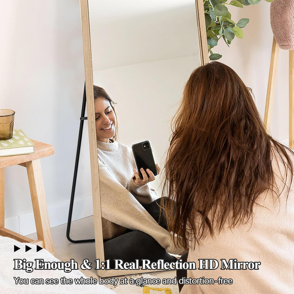 Wood Full Length Mirror with Stand, 65"X22" Full Body Mirror for Wall and Floor, Large for Bedroom, Living Room or Cloakroom, Solid Wood
