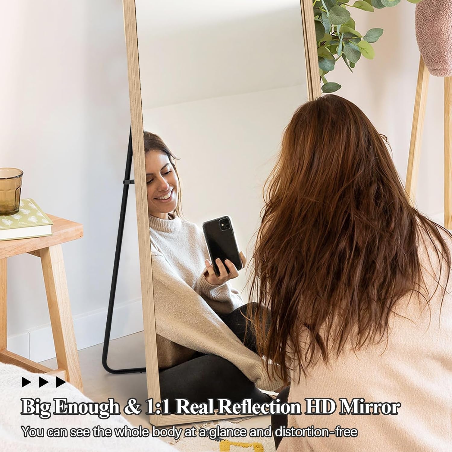 Wood Full Length Mirror with Stand, 65"X22" Full Body Mirror for Wall and Floor, Large for Bedroom, Living Room or Cloakroom, Solid Wood