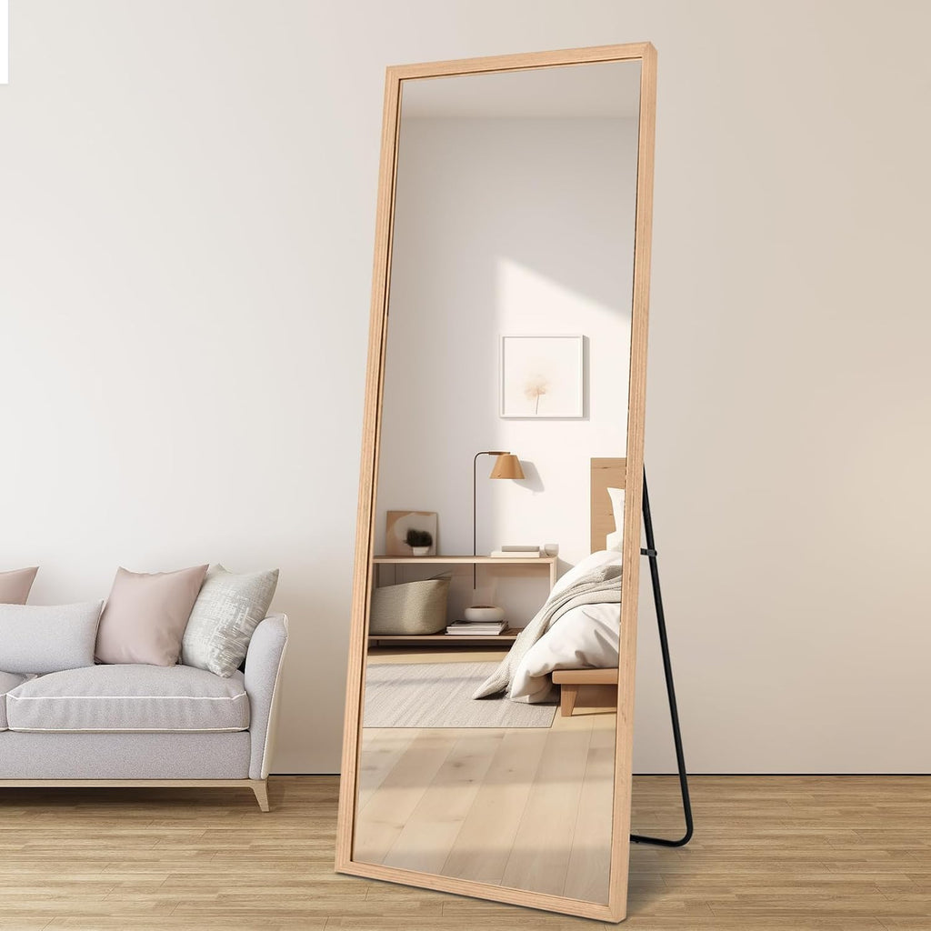 Wood Full Length Mirror with Stand, 65"X22" Full Body Mirror for Wall and Floor, Large for Bedroom, Living Room or Cloakroom, Solid Wood