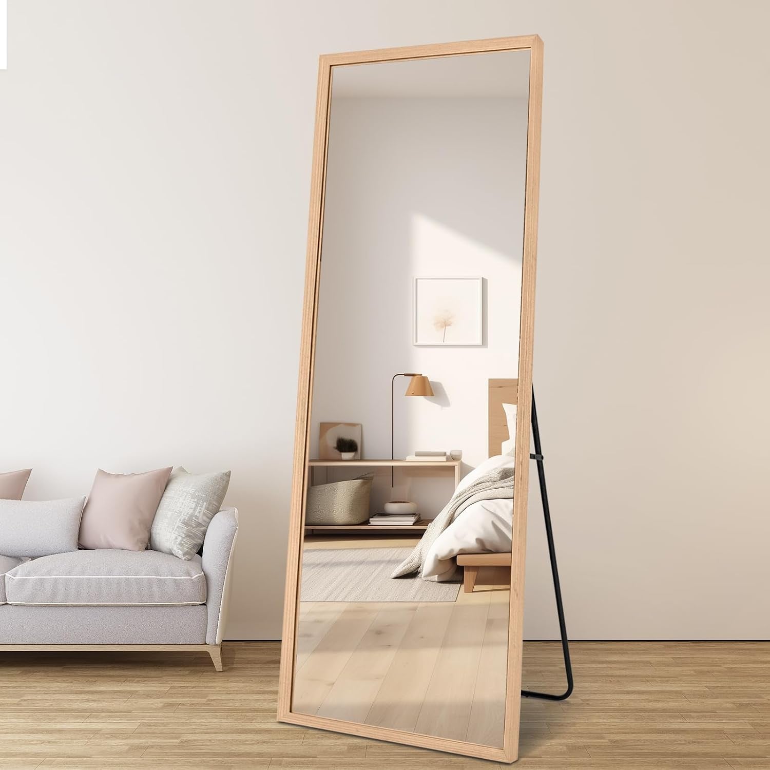 Wood Full Length Mirror with Stand, 65"X22" Full Body Mirror for Wall and Floor, Large for Bedroom, Living Room or Cloakroom, Solid Wood